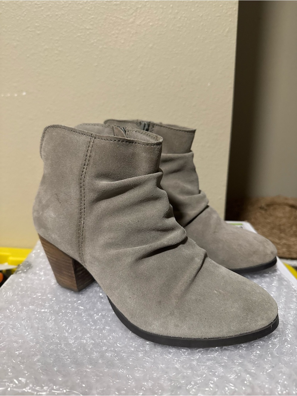 Diba Gray Suede Ruched Ankle Booties - Block Heel